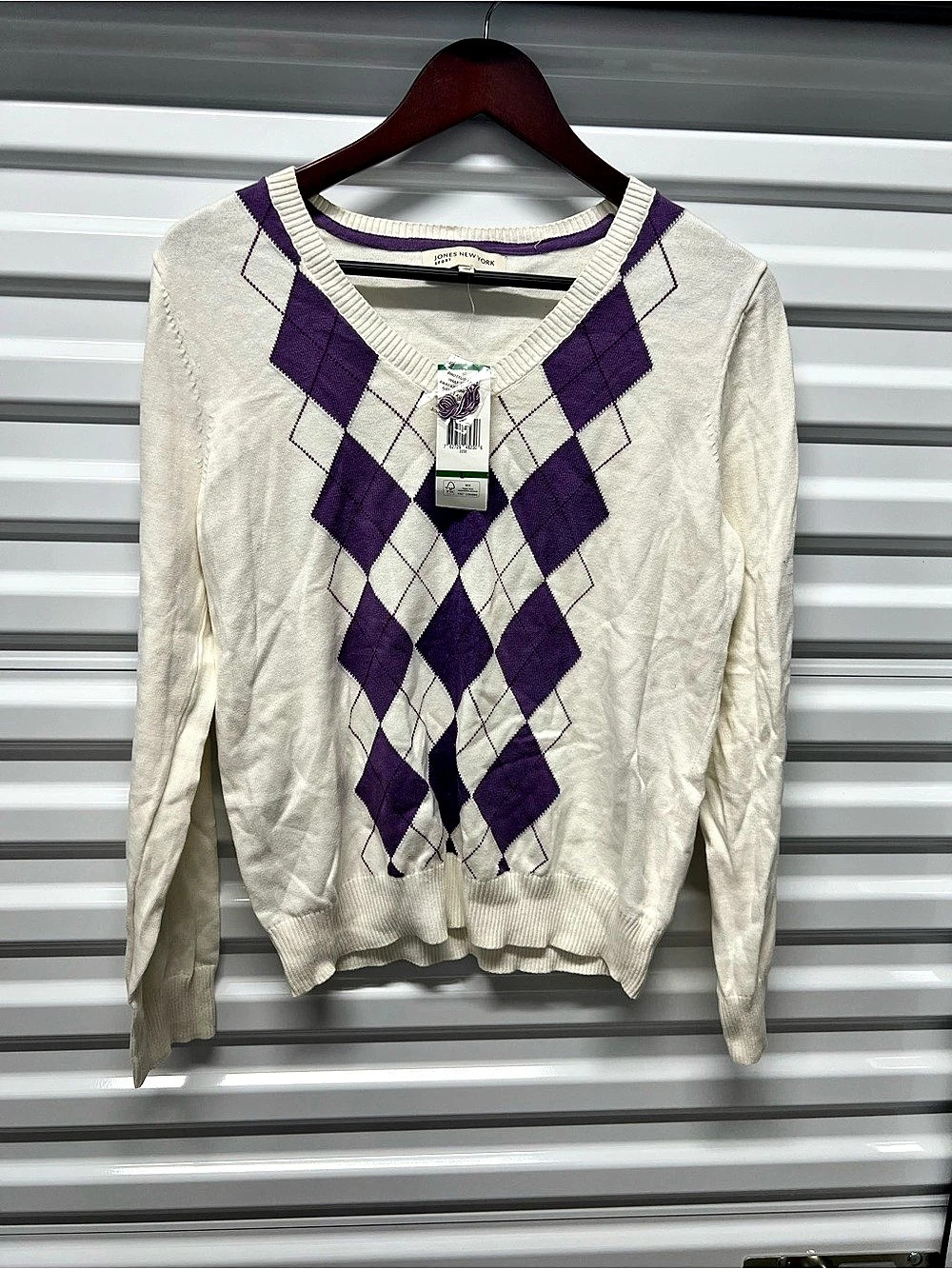 Jones New York Argyle Crew Neck Cotton Sweater Size Medium NWT